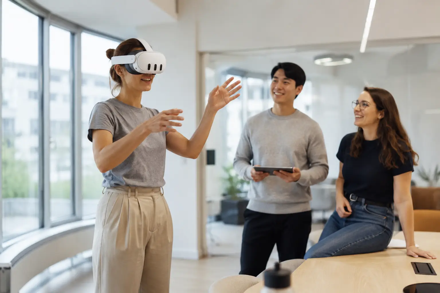Colleagues using VR headsets in the office